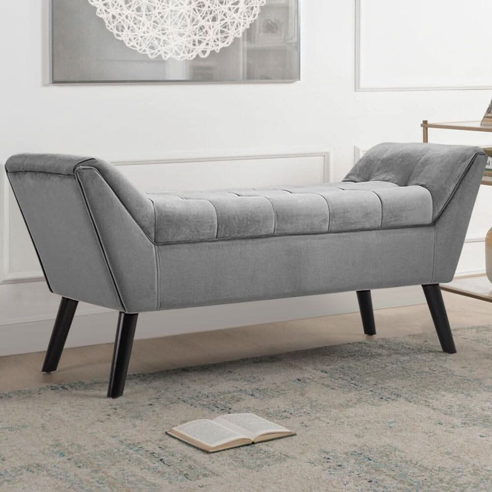 Mid-Century Modern Tufted Bench Grey Velvet with Black Wooden Legs