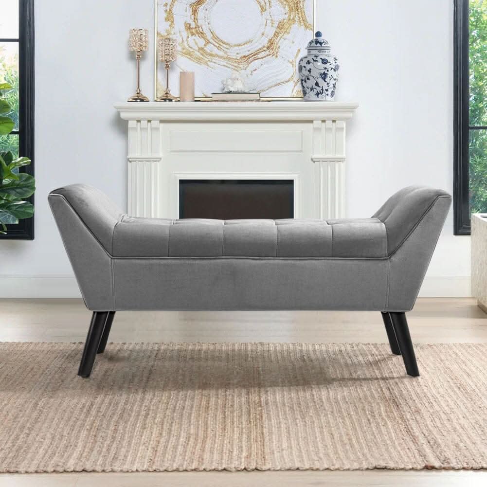 Mid-Century Modern Tufted Bench Grey Velvet with Black Wooden Legs