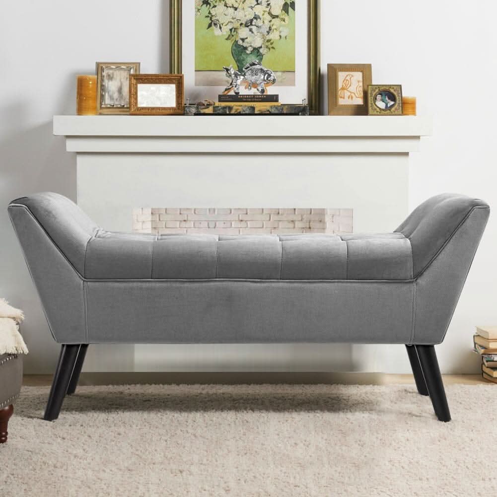 Mid-Century Modern Tufted Bench Grey Velvet with Black Wooden Legs