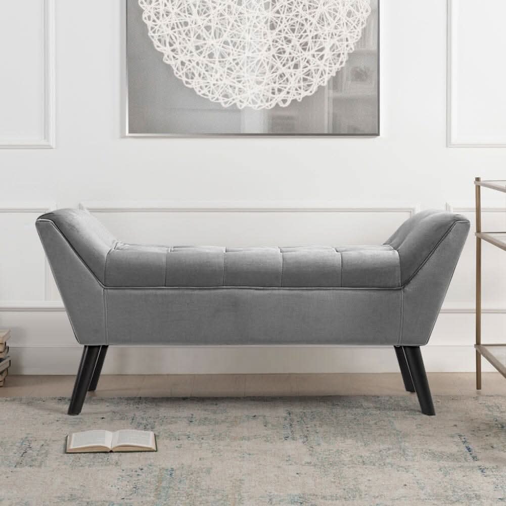 Mid-Century Modern Tufted Bench Grey Velvet with Black Wooden Legs