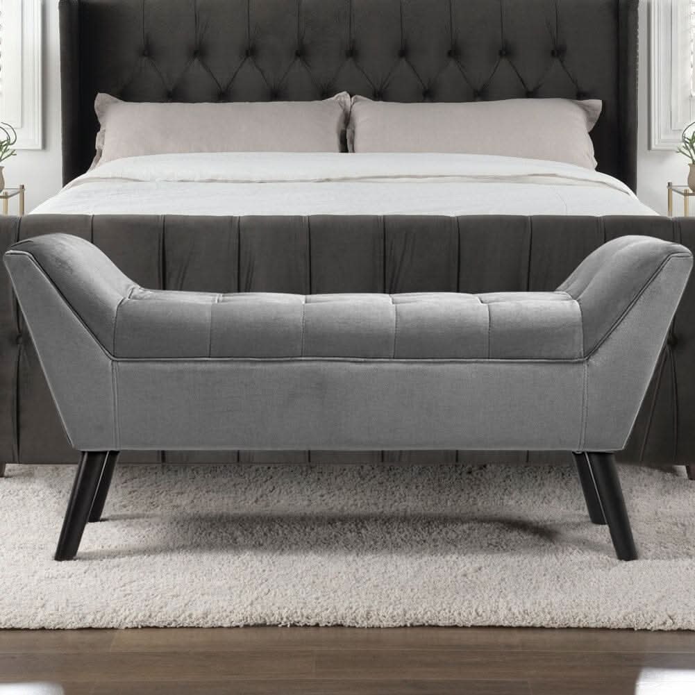 Mid-Century Modern Tufted Bench Grey Velvet with Black Wooden Legs