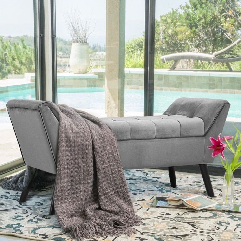 Mid-Century Modern Tufted Bench Grey Velvet with Black Wooden Legs