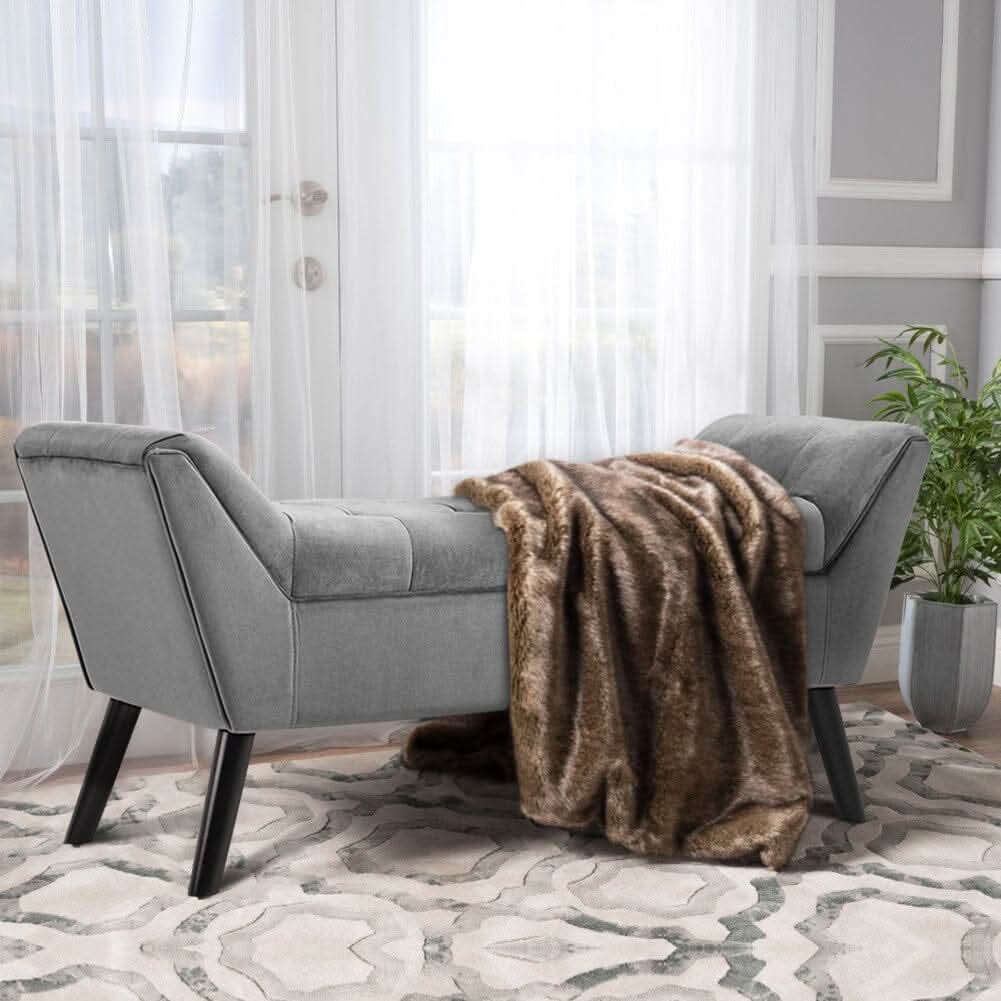 Mid-Century Modern Tufted Bench Grey Velvet with Black Wooden Legs