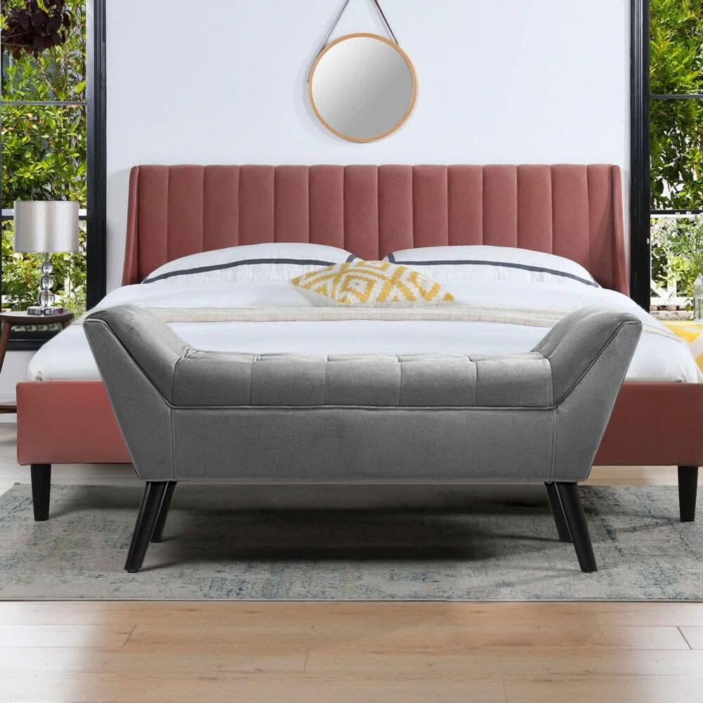 Mid-Century Modern Tufted Bench Grey Velvet with Black Wooden Legs