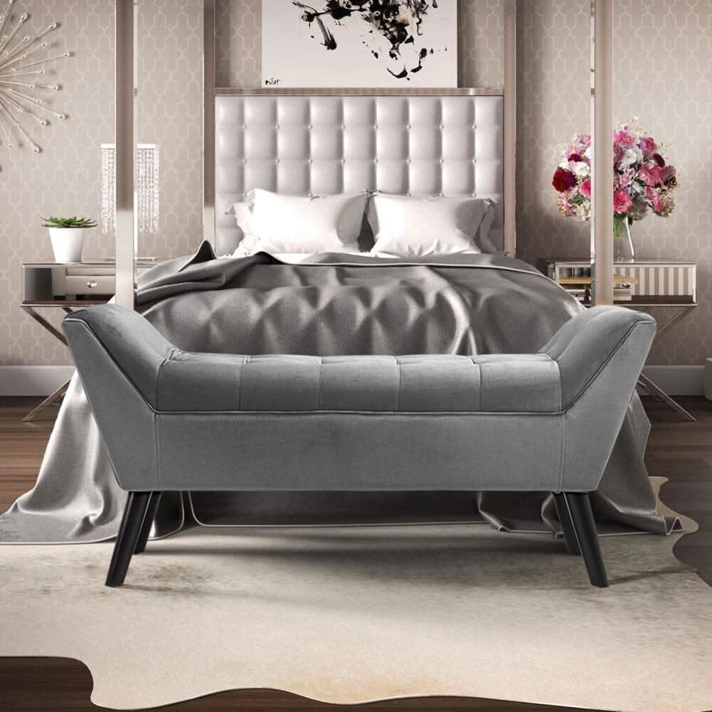 Mid-Century Modern Tufted Bench Grey Velvet with Black Wooden Legs