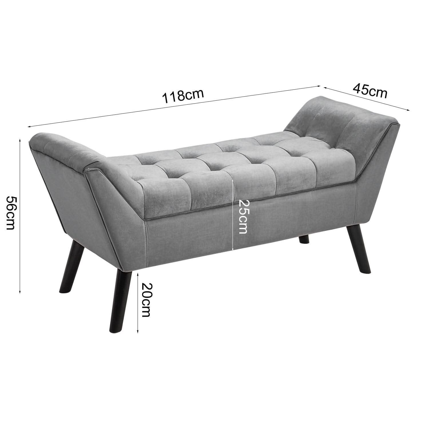 Mid-Century Modern Tufted Bench Grey Velvet with Black Wooden Legs