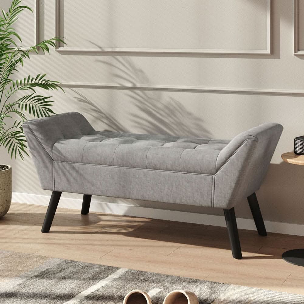 Mid-Century Modern Tufted Bench Grey Velvet with Black Wooden Legs
