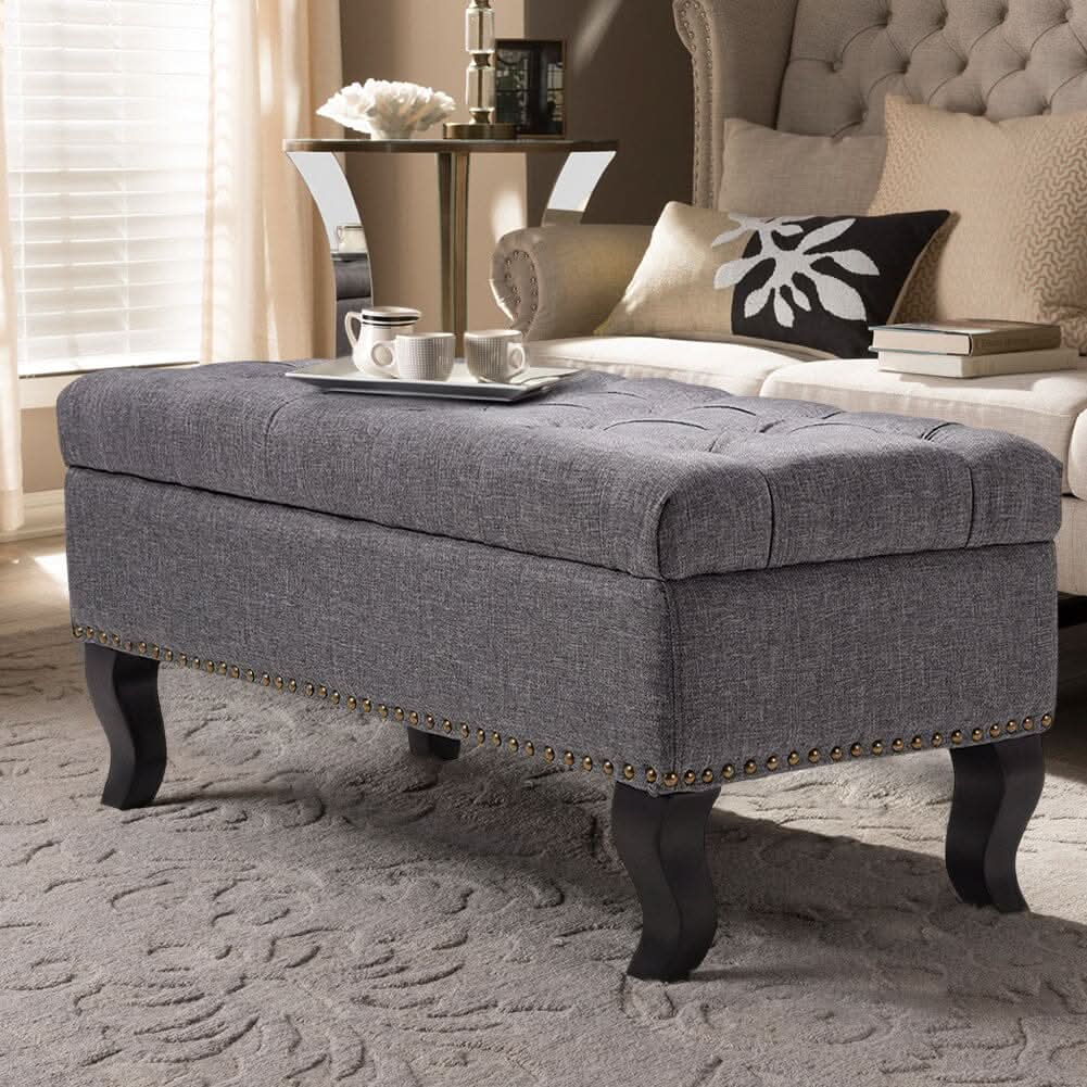 Chesterfield Style Tufted Bench Grey Linen with Nailhead Trim