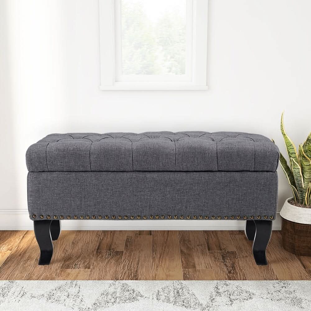 Chesterfield Style Tufted Bench Grey Linen with Nailhead Trim