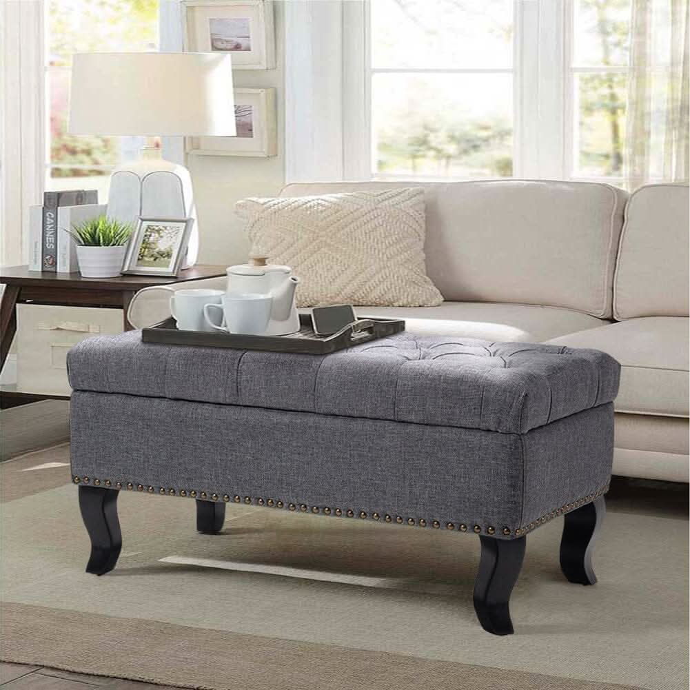 Chesterfield Style Tufted Bench Grey Linen with Nailhead Trim