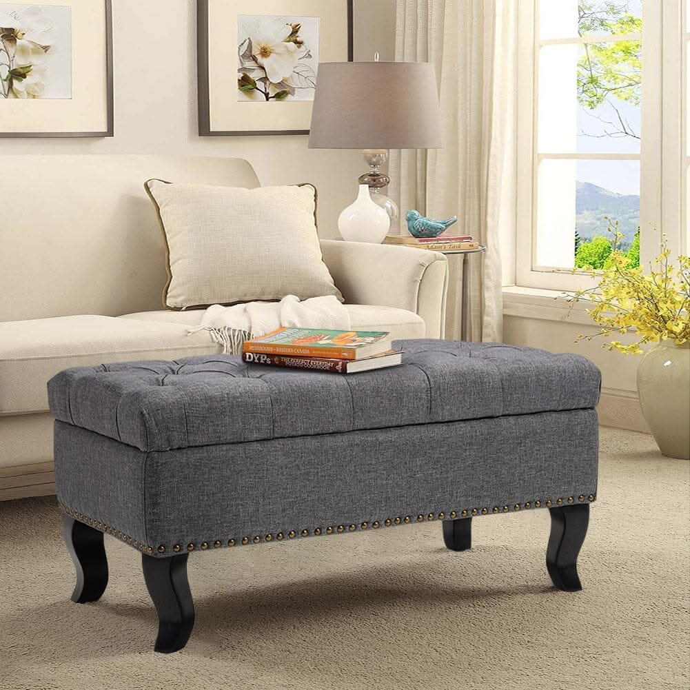 Chesterfield Style Tufted Bench Grey Linen with Nailhead Trim