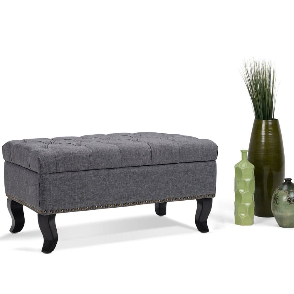 Chesterfield Style Tufted Bench Grey Linen with Nailhead Trim