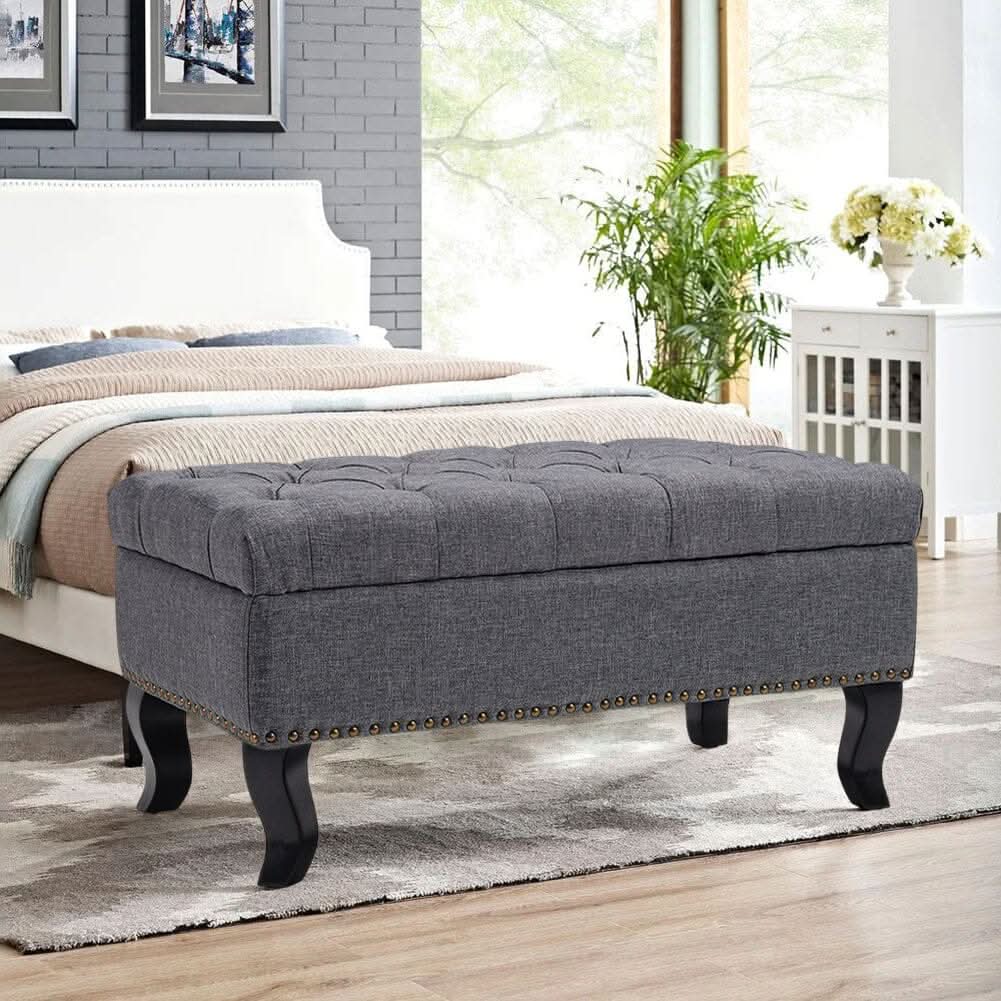 Chesterfield Style Tufted Bench Grey Linen with Nailhead Trim