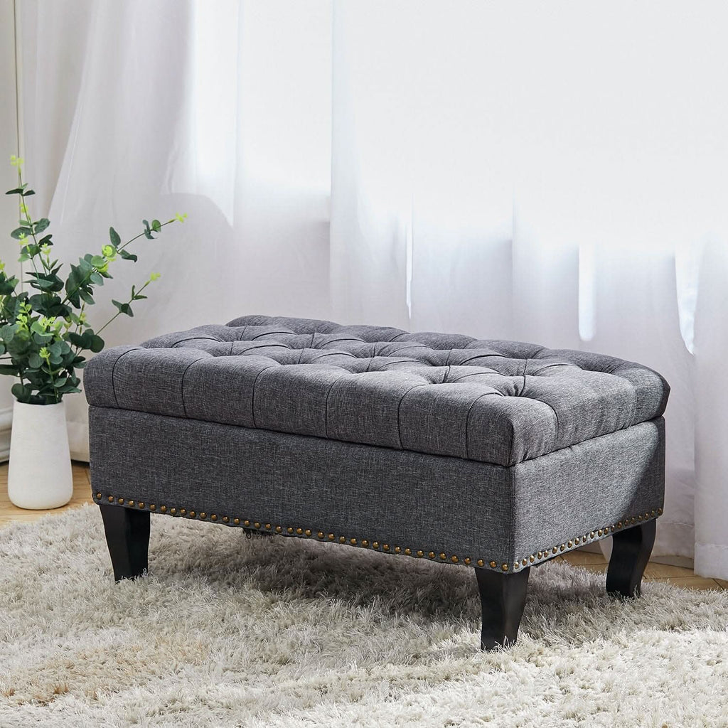 Chesterfield Style Tufted Bench Grey Linen with Nailhead Trim