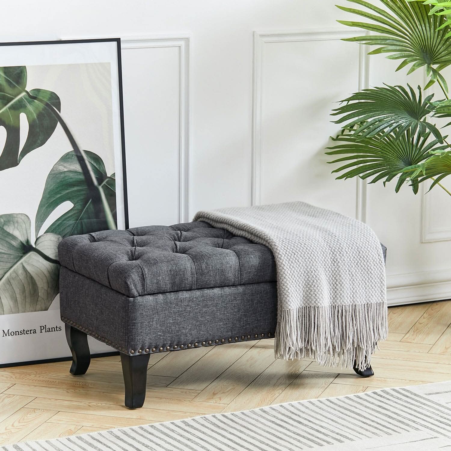 Chesterfield Style Tufted Bench Grey Linen with Nailhead Trim