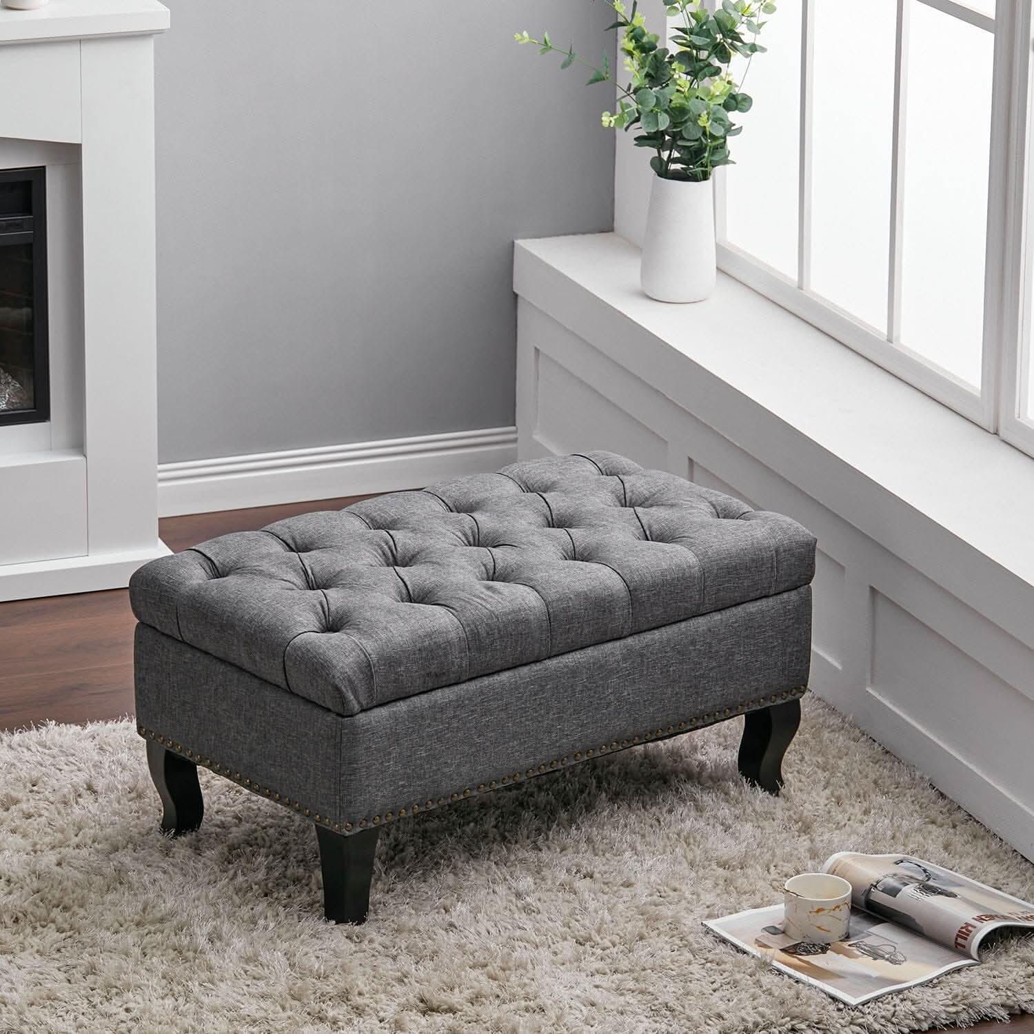 Chesterfield Style Tufted Bench Grey Linen with Nailhead Trim