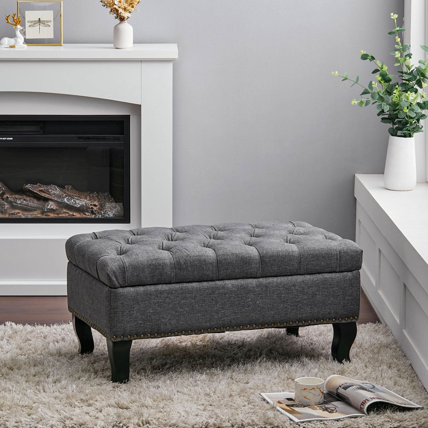 Chesterfield Style Tufted Bench Grey Linen with Nailhead Trim