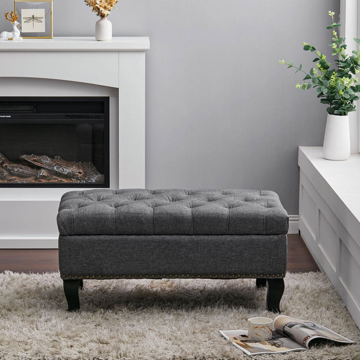 Chesterfield Style Tufted Bench Grey Linen with Nailhead Trim