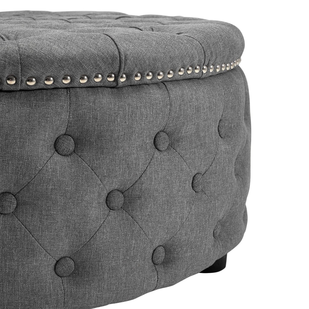 Dia 75cm Linen Tufted Round Cocktail Ottoman with Solid Wood