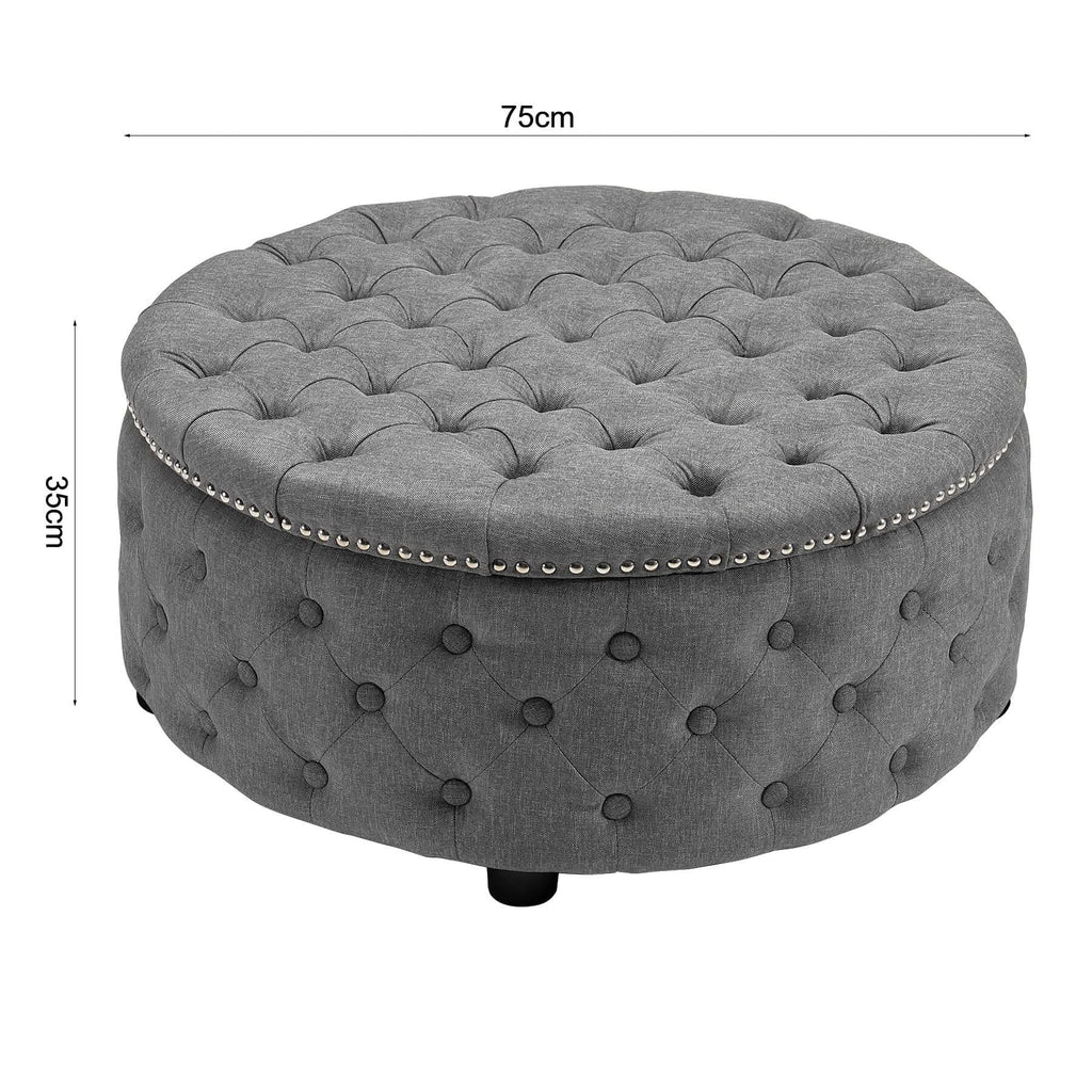 Chesterfield Style Round Ottoman Linen Fabric with Nailhead Trim
