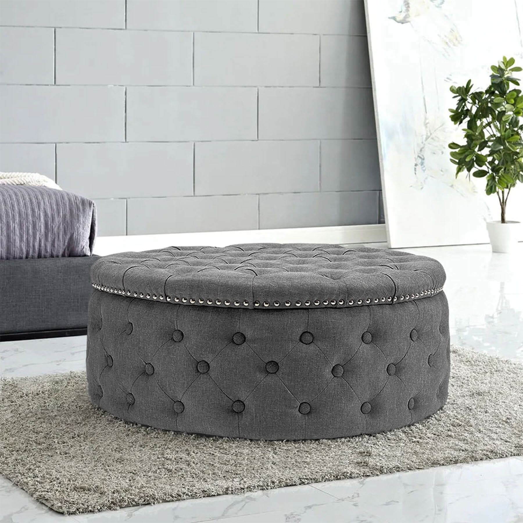 Chesterfield Style Round Ottoman Linen Fabric with Nailhead Trim