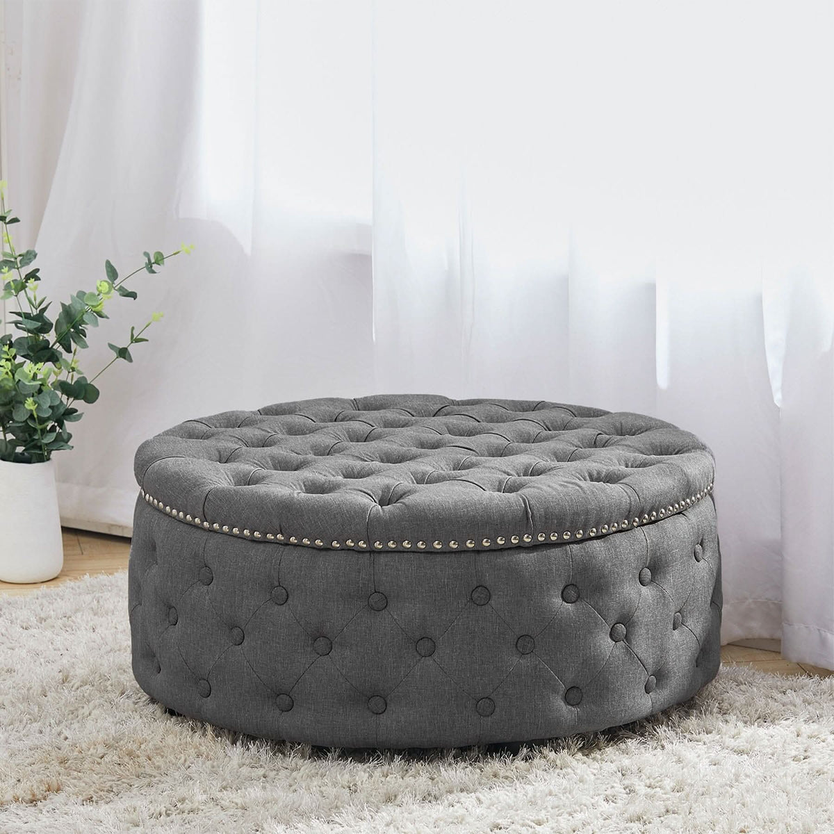 Chesterfield Style Round Ottoman Linen Fabric with Nailhead Trim