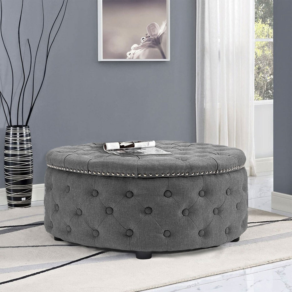 Chesterfield Style Round Ottoman Linen Fabric with Nailhead Trim