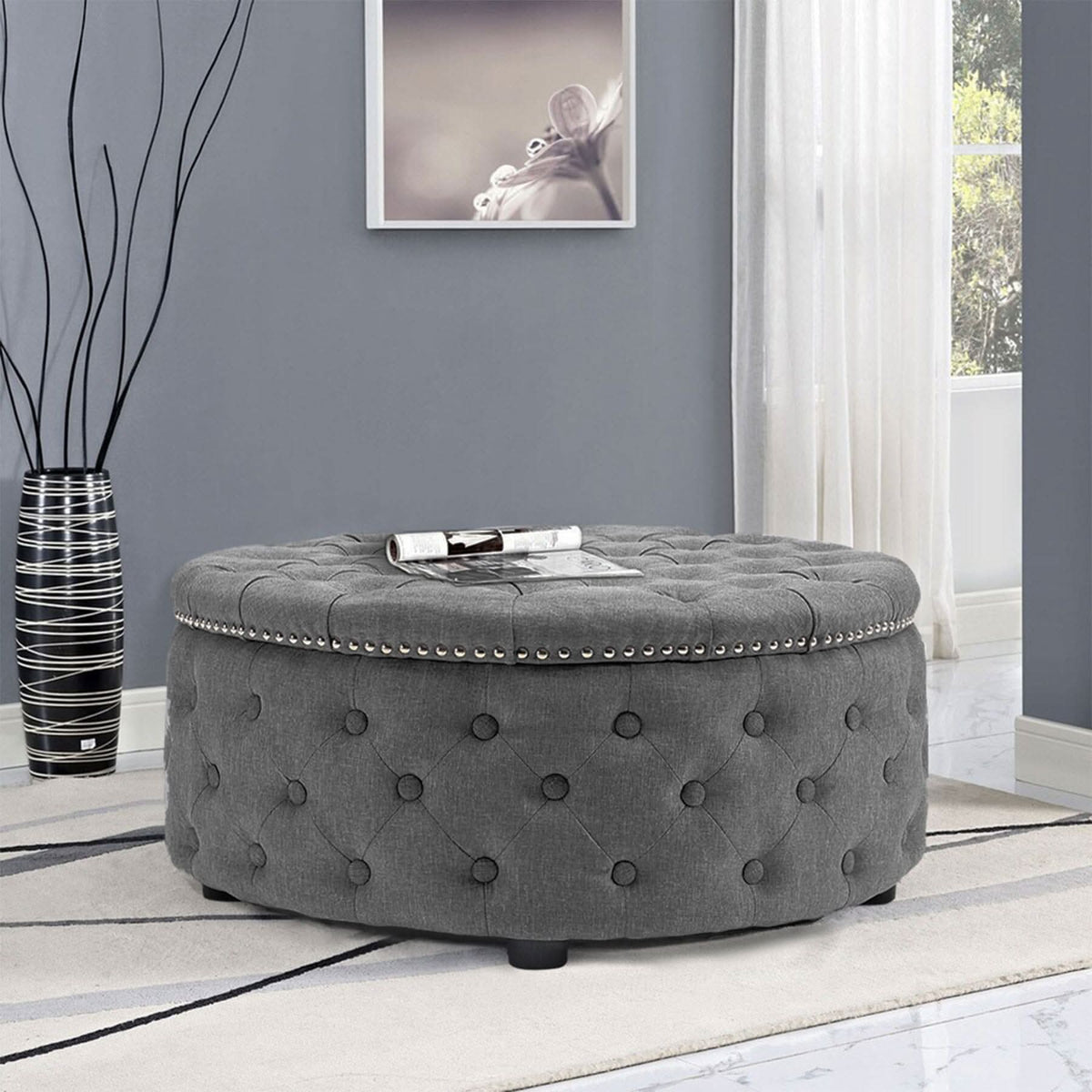 Chesterfield Style Round Ottoman Linen Fabric with Nailhead Trim