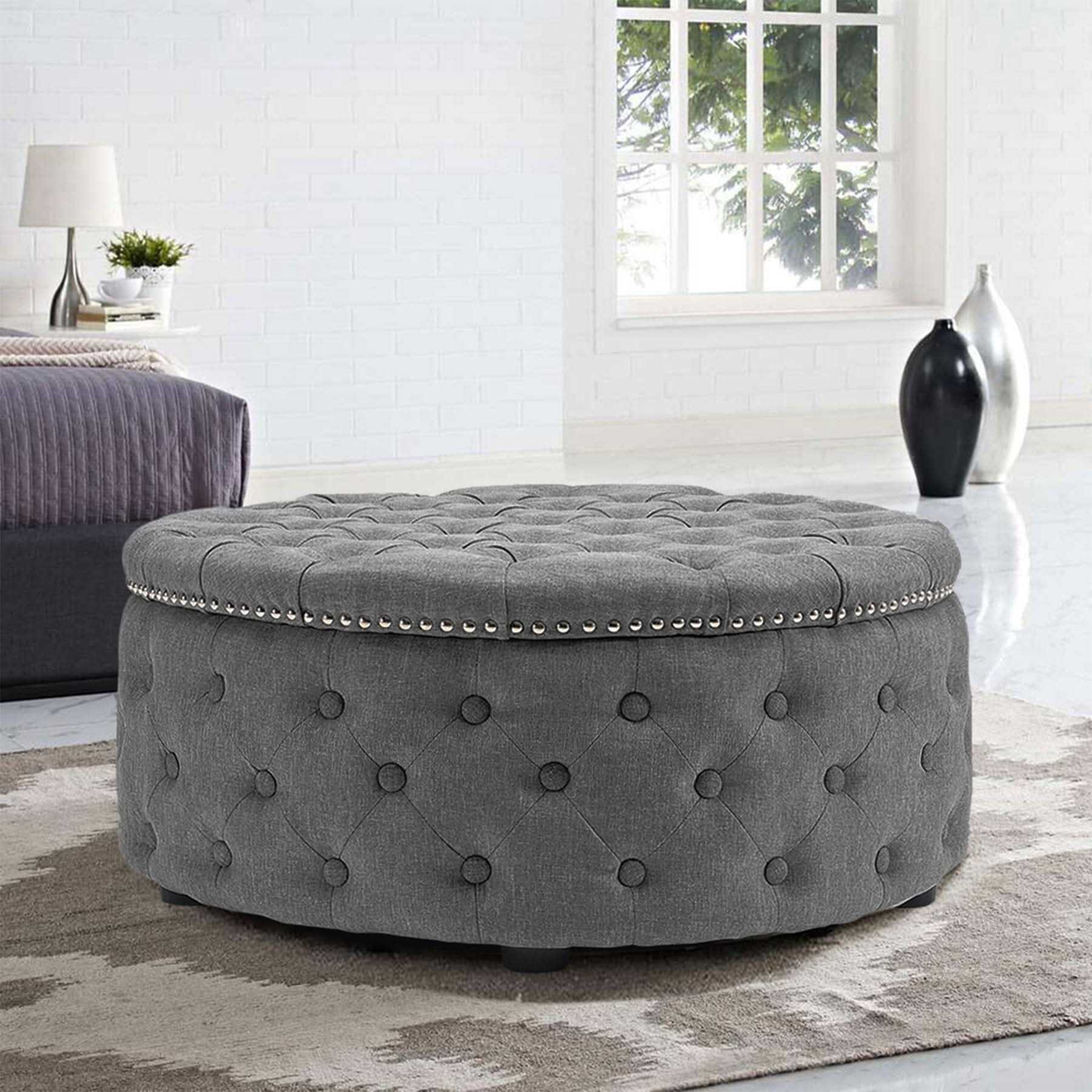 Chesterfield Style Round Ottoman Linen Fabric with Nailhead Trim