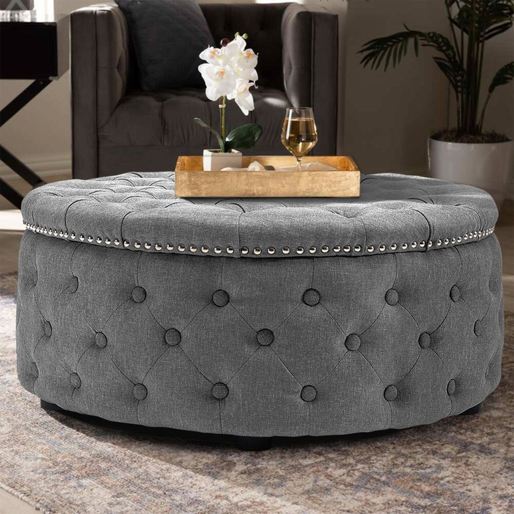 Chesterfield Style Round Ottoman Linen Fabric with Nailhead Trim