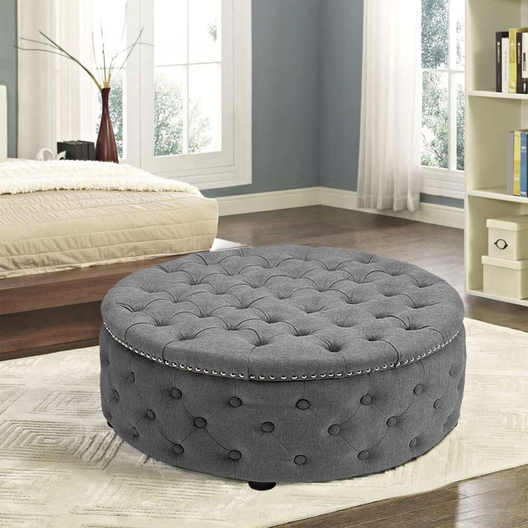 Chesterfield Style Round Ottoman Linen Fabric with Nailhead Trim