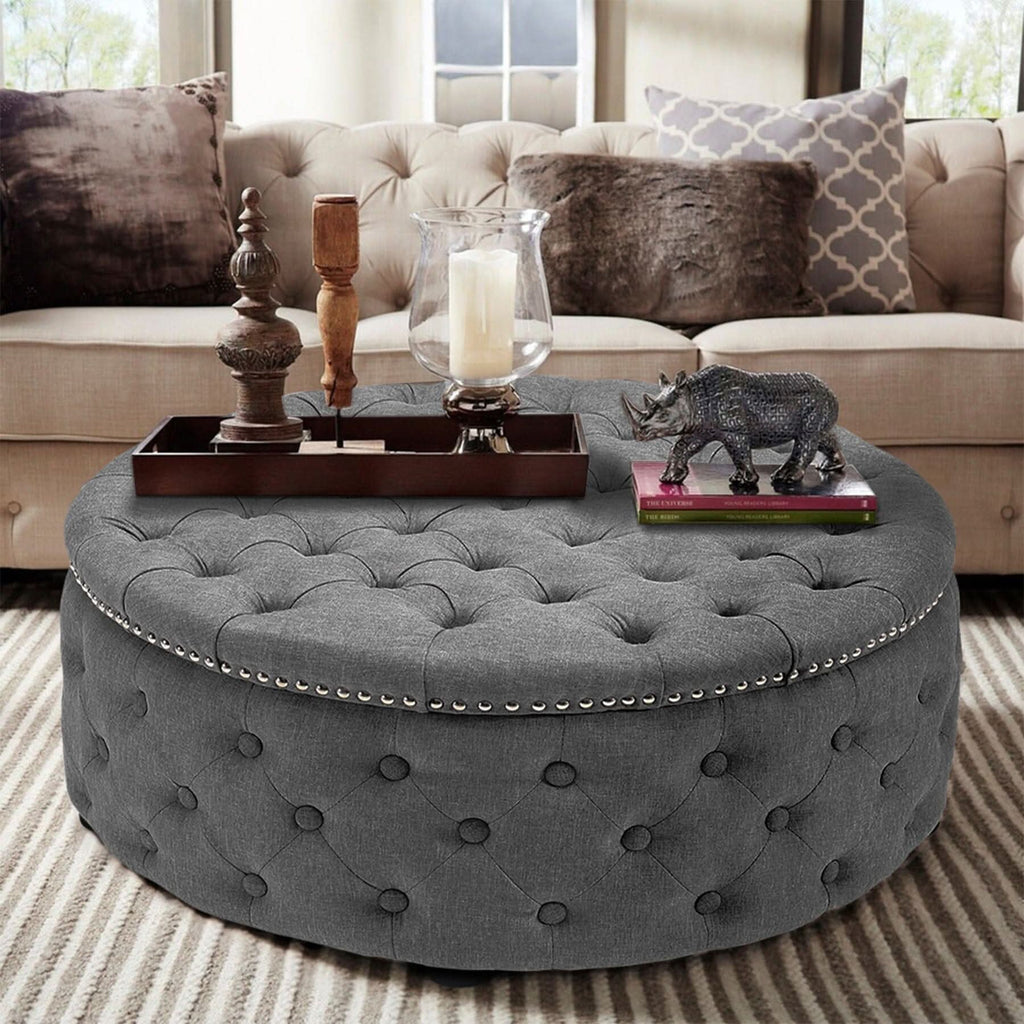 Chesterfield Style Round Ottoman Linen Fabric with Nailhead Trim