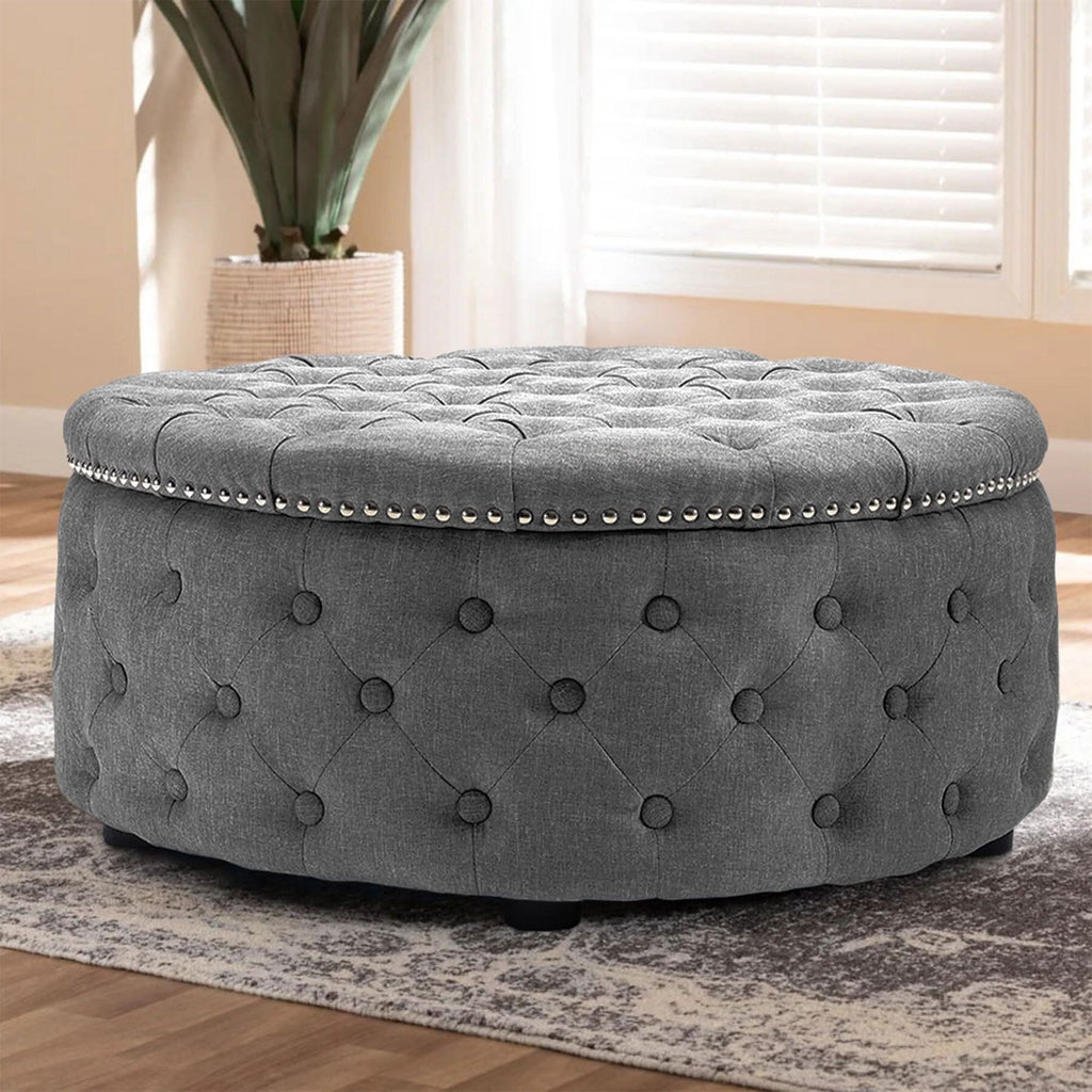 Chesterfield Style Round Ottoman Linen Fabric with Nailhead Trim