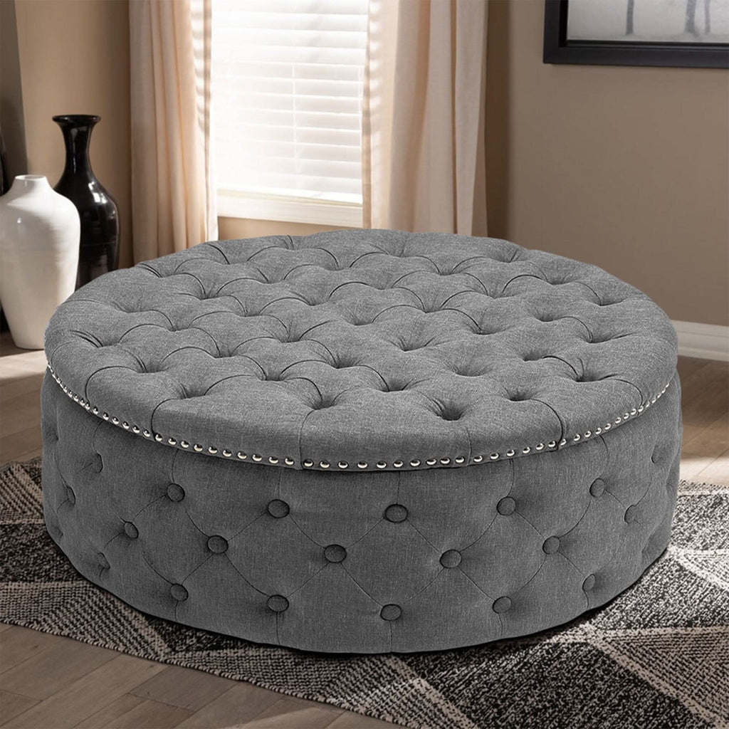 Chesterfield Style Round Ottoman Linen Fabric with Nailhead Trim