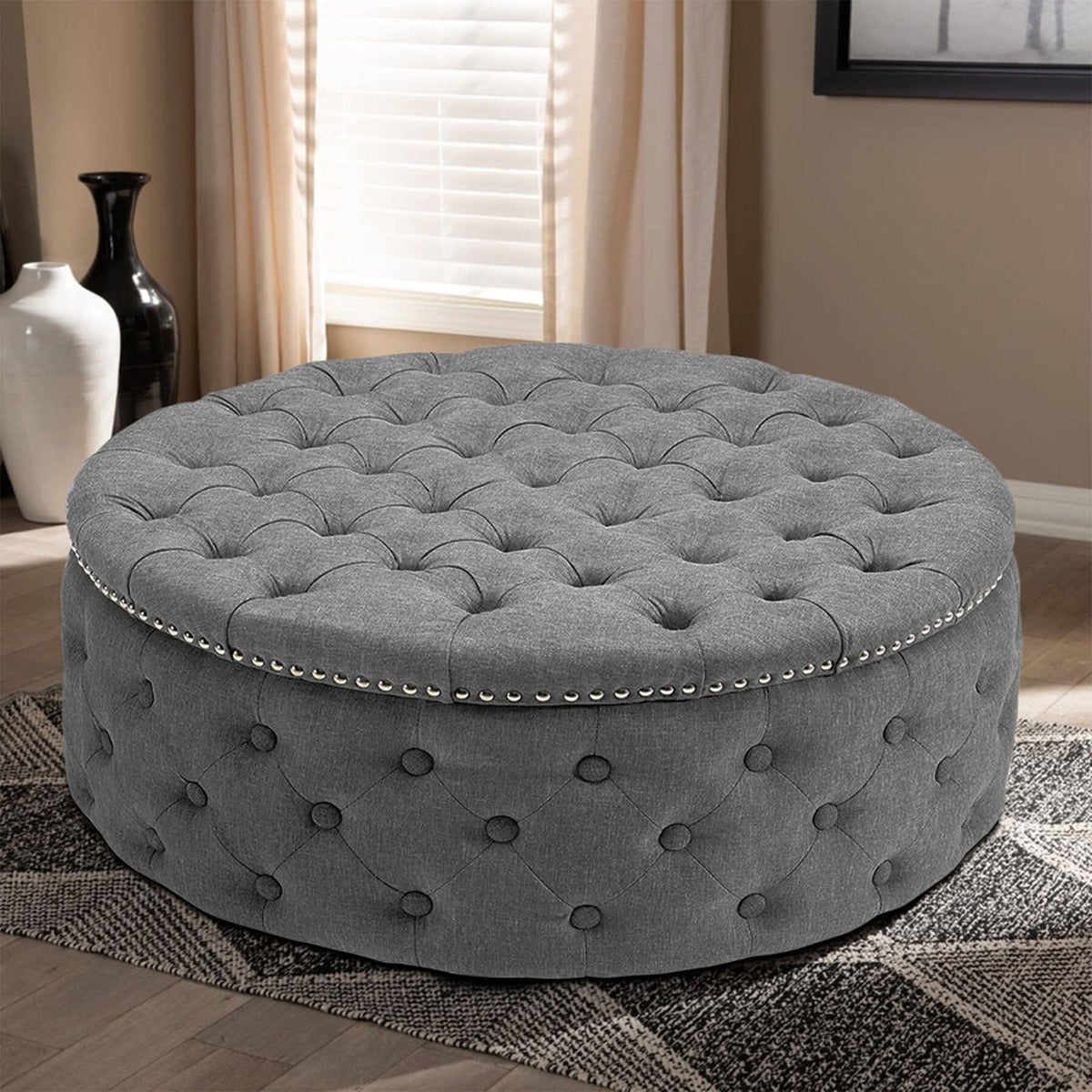 Chesterfield Style Round Ottoman Linen Fabric with Nailhead Trim