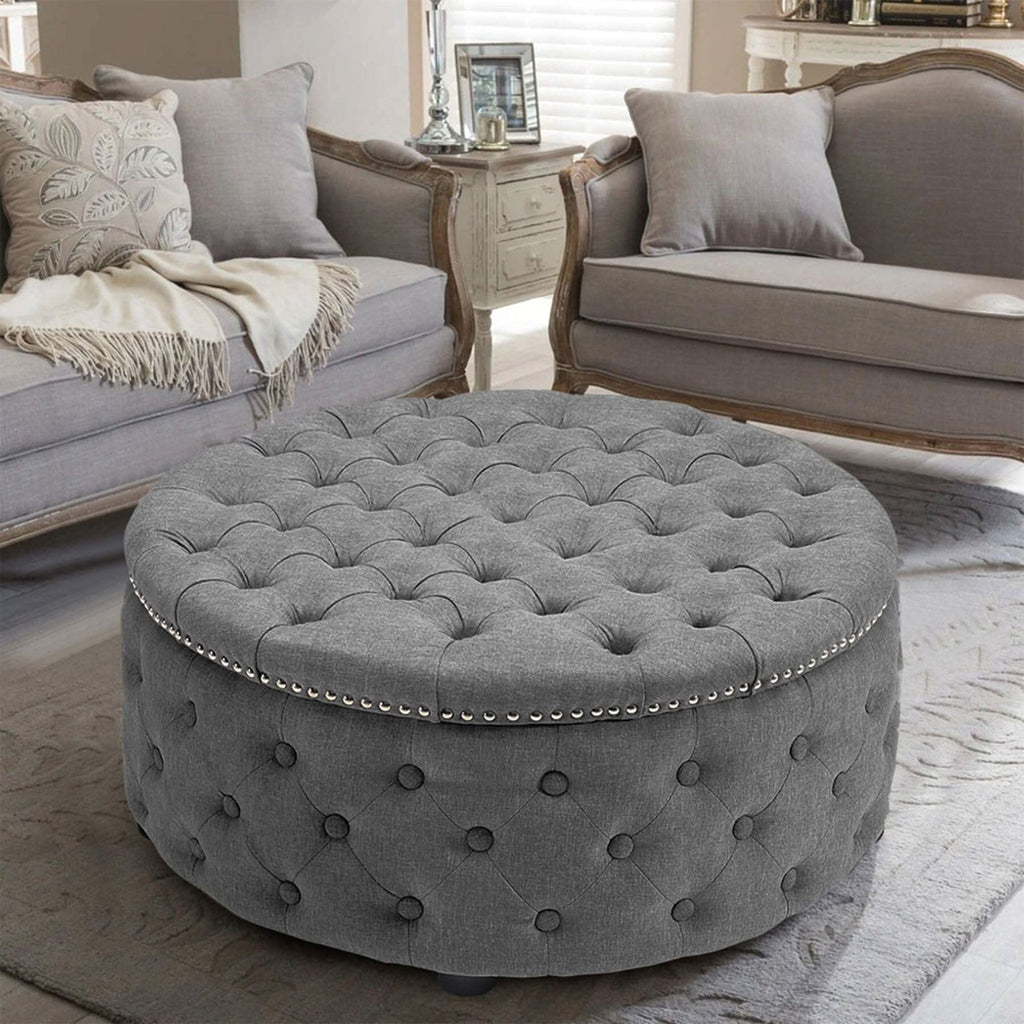 Dia 75cm Linen Tufted Round Cocktail Ottoman with Solid Wood