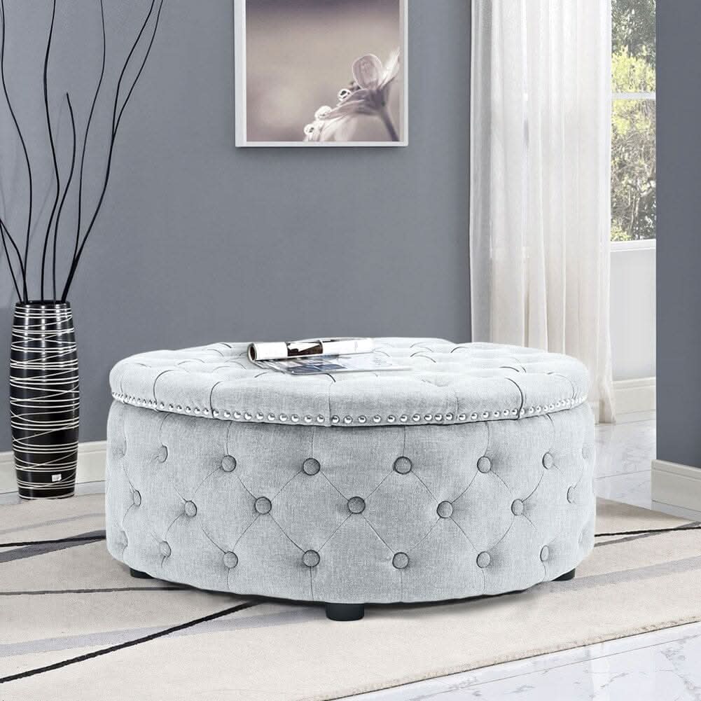 Chesterfield Style Round Ottoman Linen Fabric with Nailhead Trim