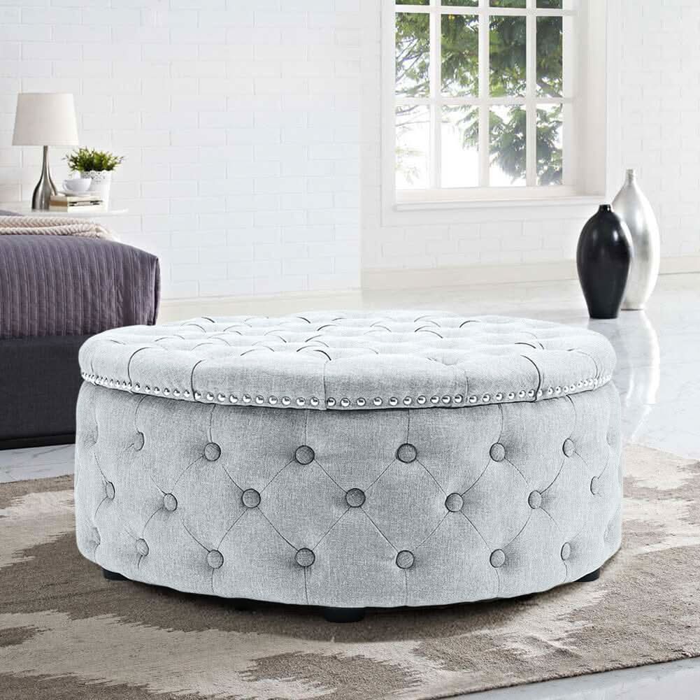 Chesterfield Style Round Ottoman Linen Fabric with Nailhead Trim