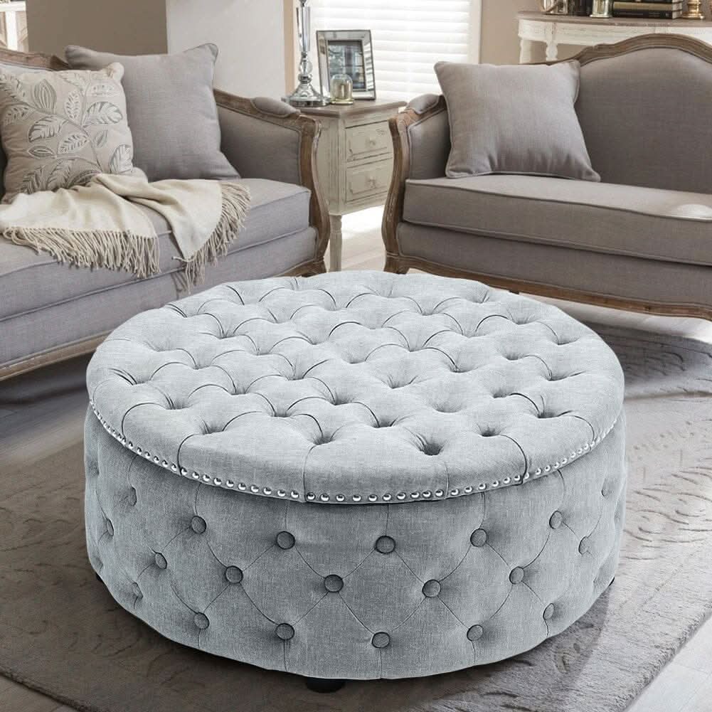 Chesterfield Style Round Ottoman Linen Fabric with Nailhead Trim