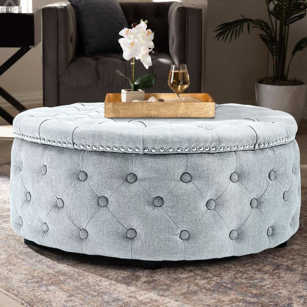 Chesterfield Style Round Ottoman Linen Fabric with Nailhead Trim