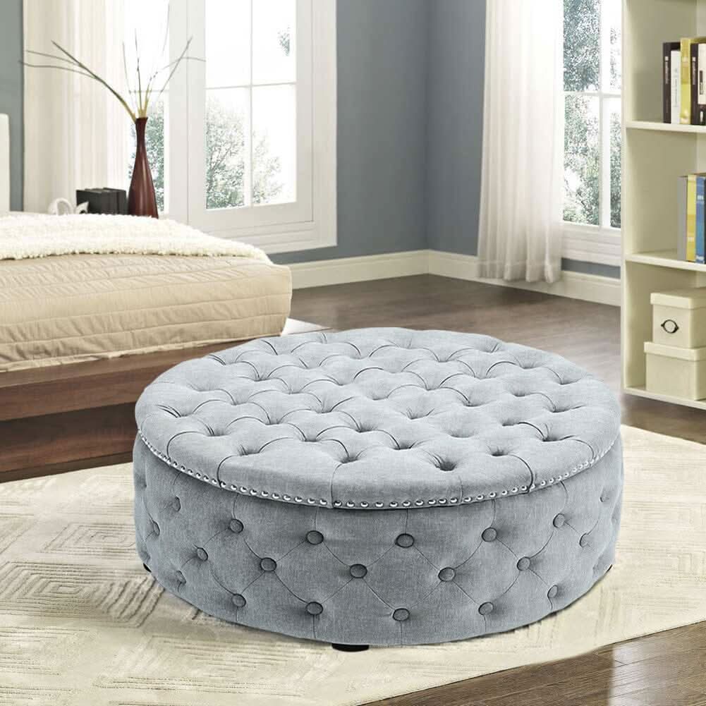 Chesterfield Style Round Ottoman Linen Fabric with Nailhead Trim