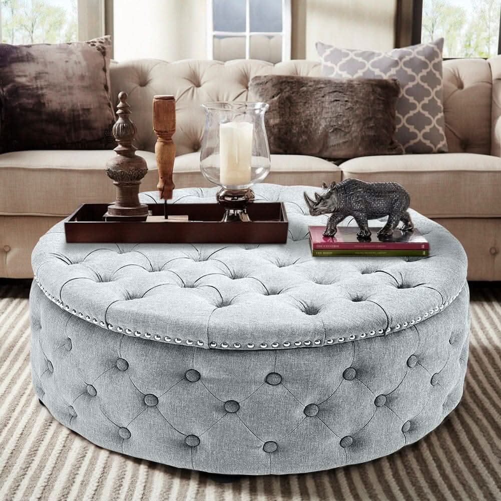 Chesterfield Style Round Ottoman Linen Fabric with Nailhead Trim