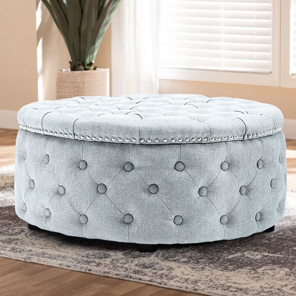 Chesterfield Style Round Ottoman Linen Fabric with Nailhead Trim