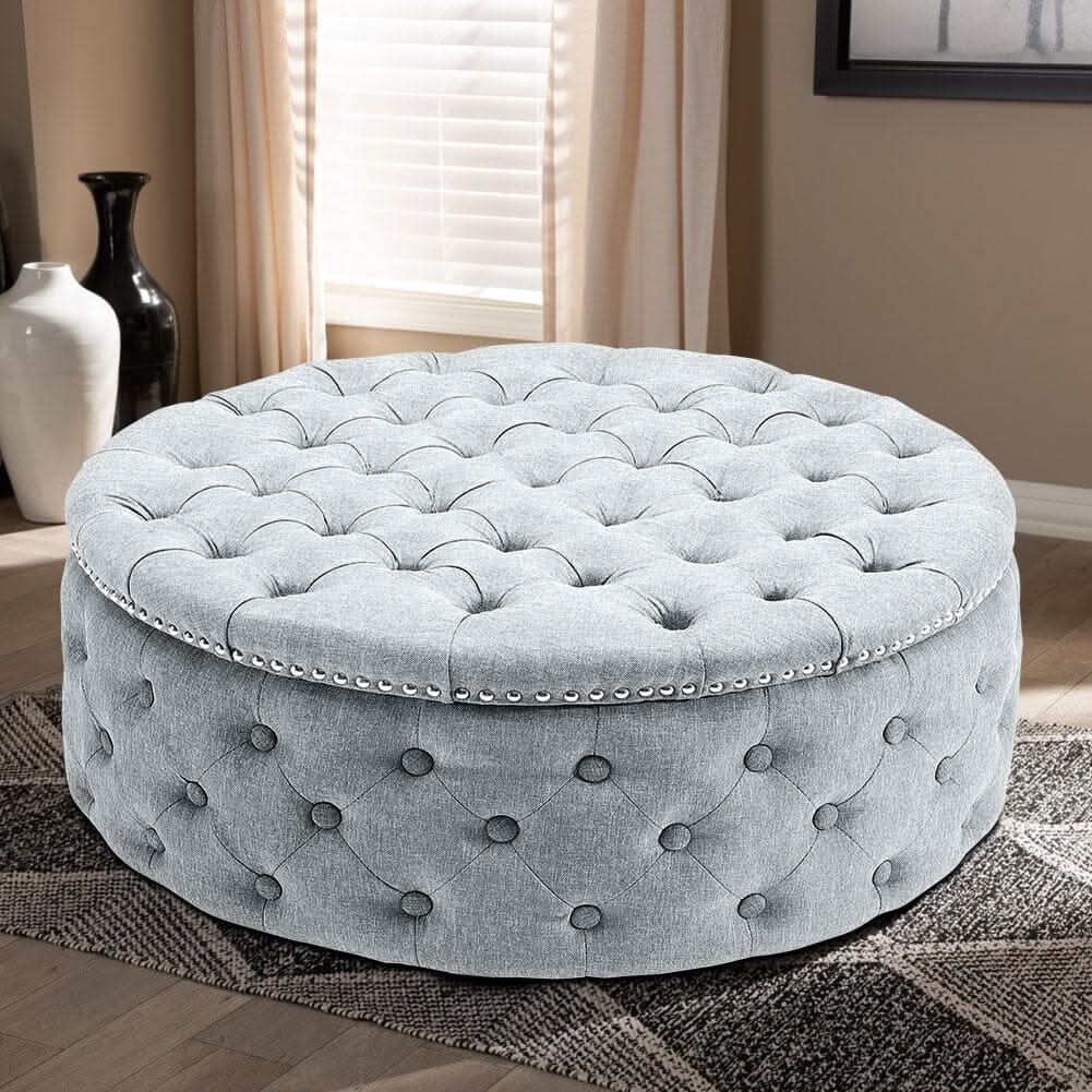 Chesterfield Style Round Ottoman Linen Fabric with Nailhead Trim