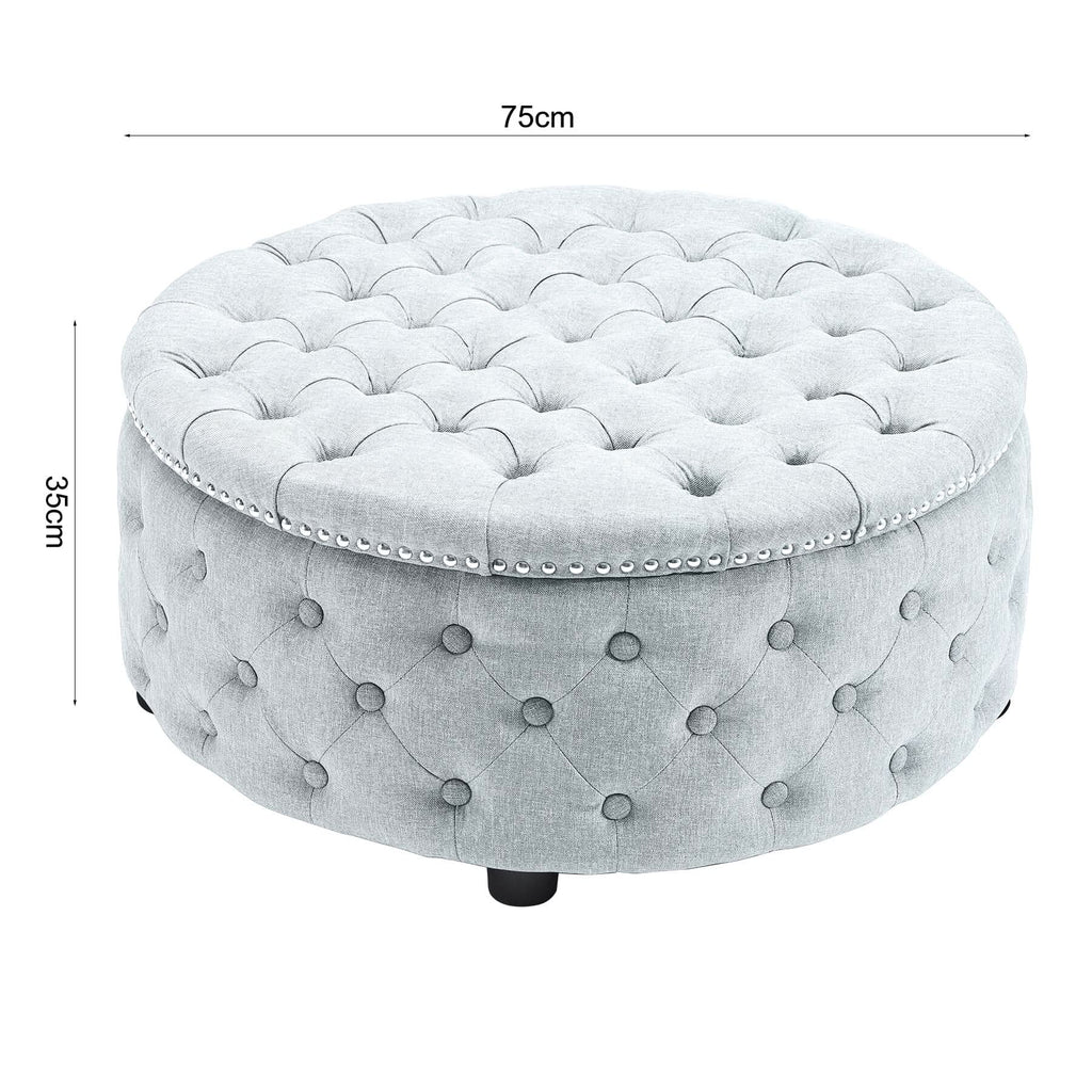 Chesterfield Style Round Ottoman Linen Fabric with Nailhead Trim