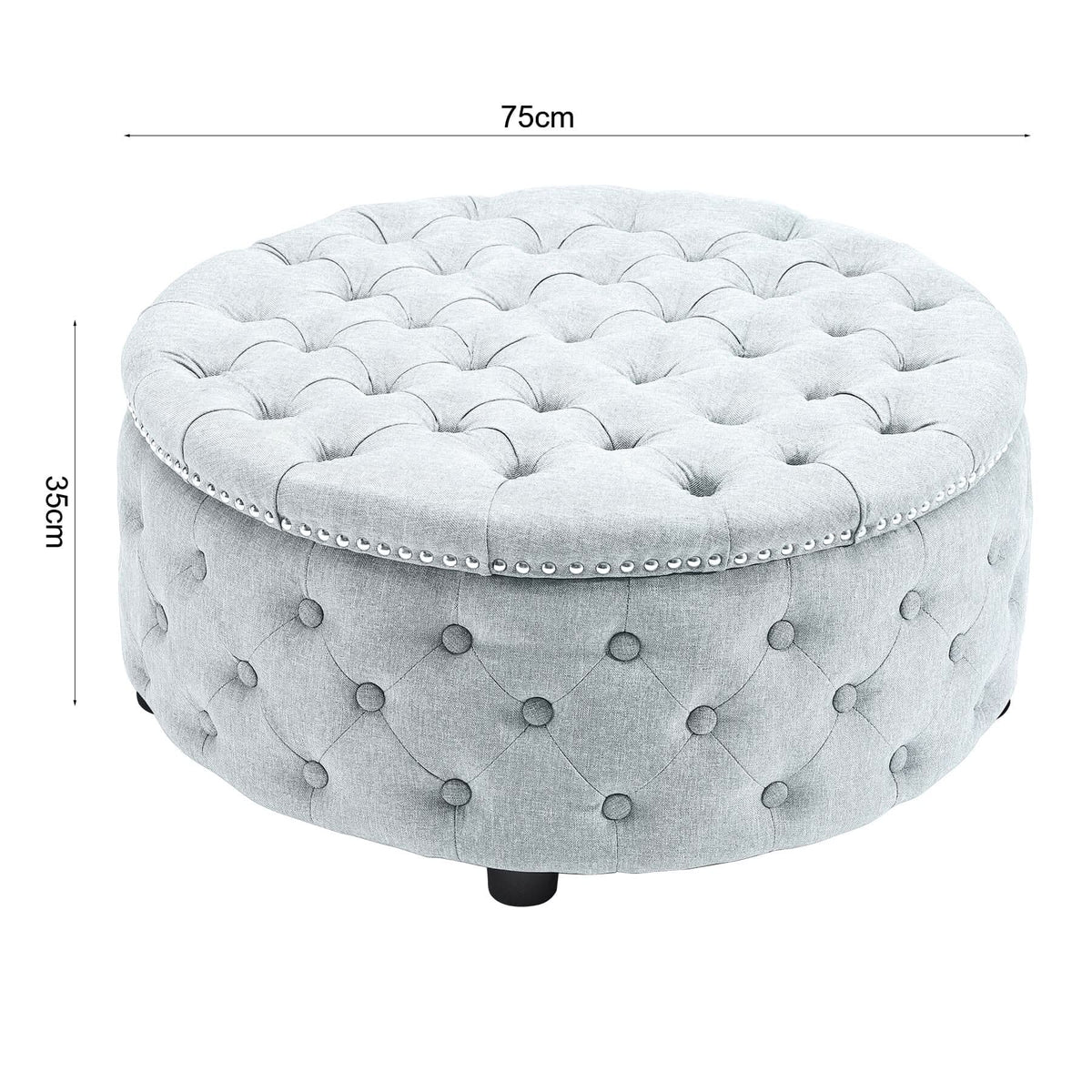 Chesterfield Style Round Ottoman Linen Fabric with Nailhead Trim