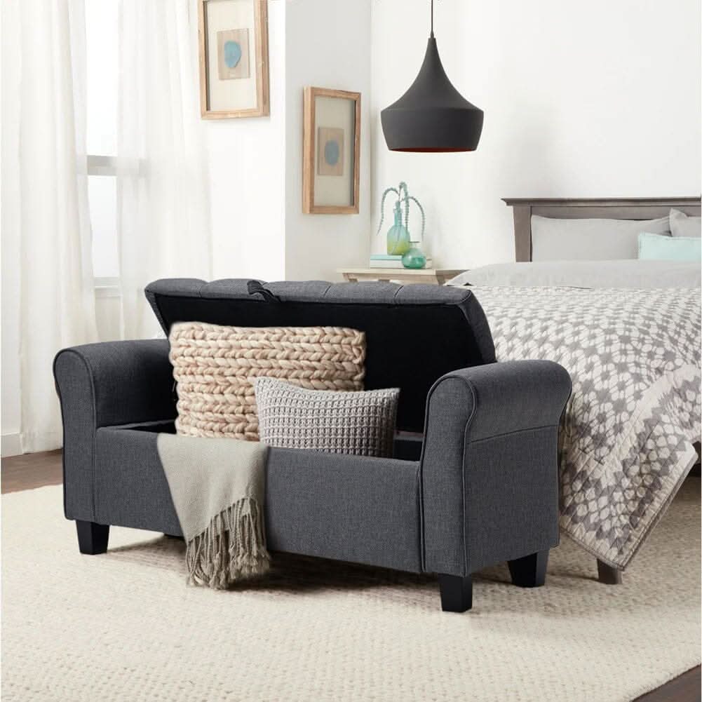 Deep Grey Linen Storage Footstool 115x40x48cm with Three-Row Tufting