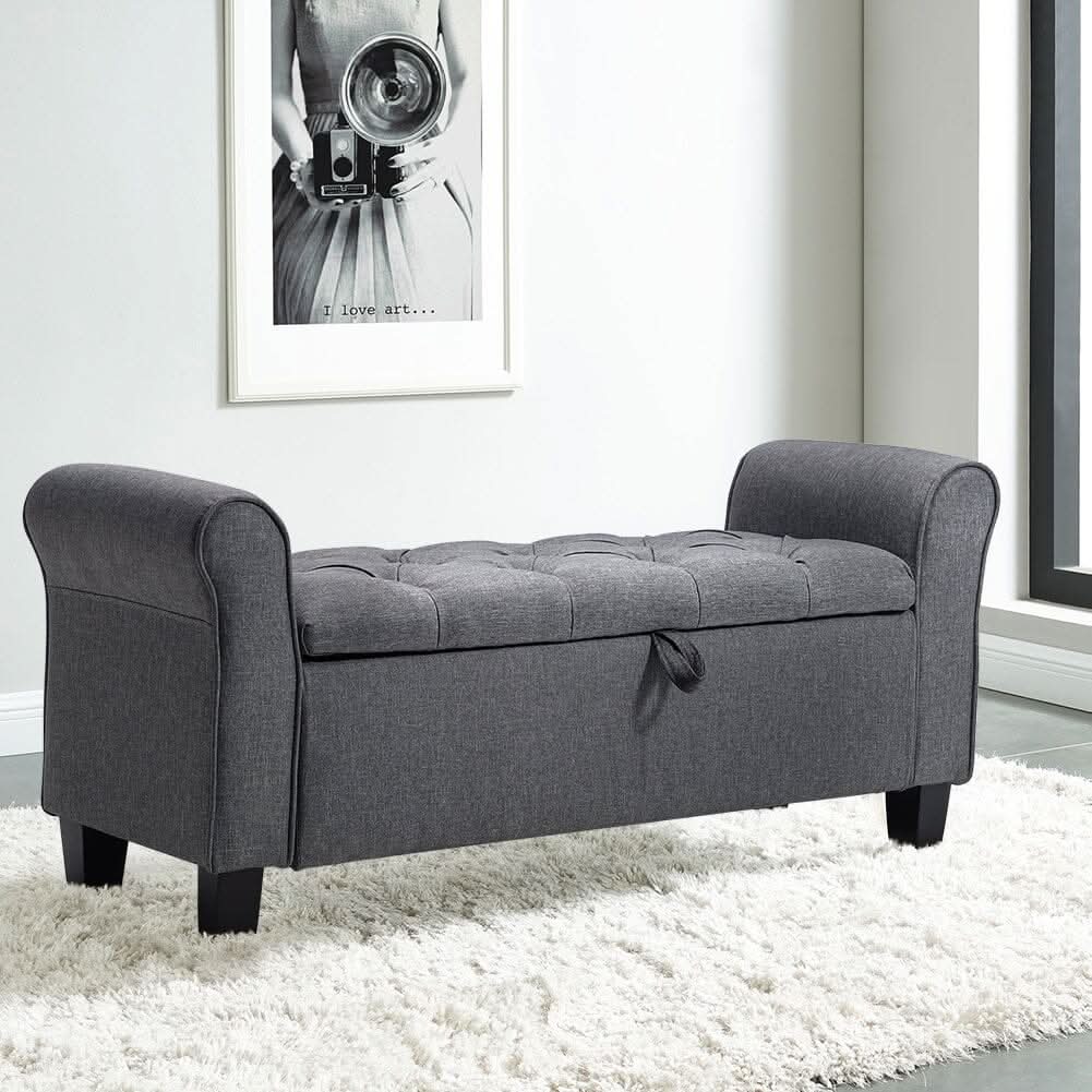 Deep Grey Linen Storage Footstool 115x40x48cm with Three-Row Tufting