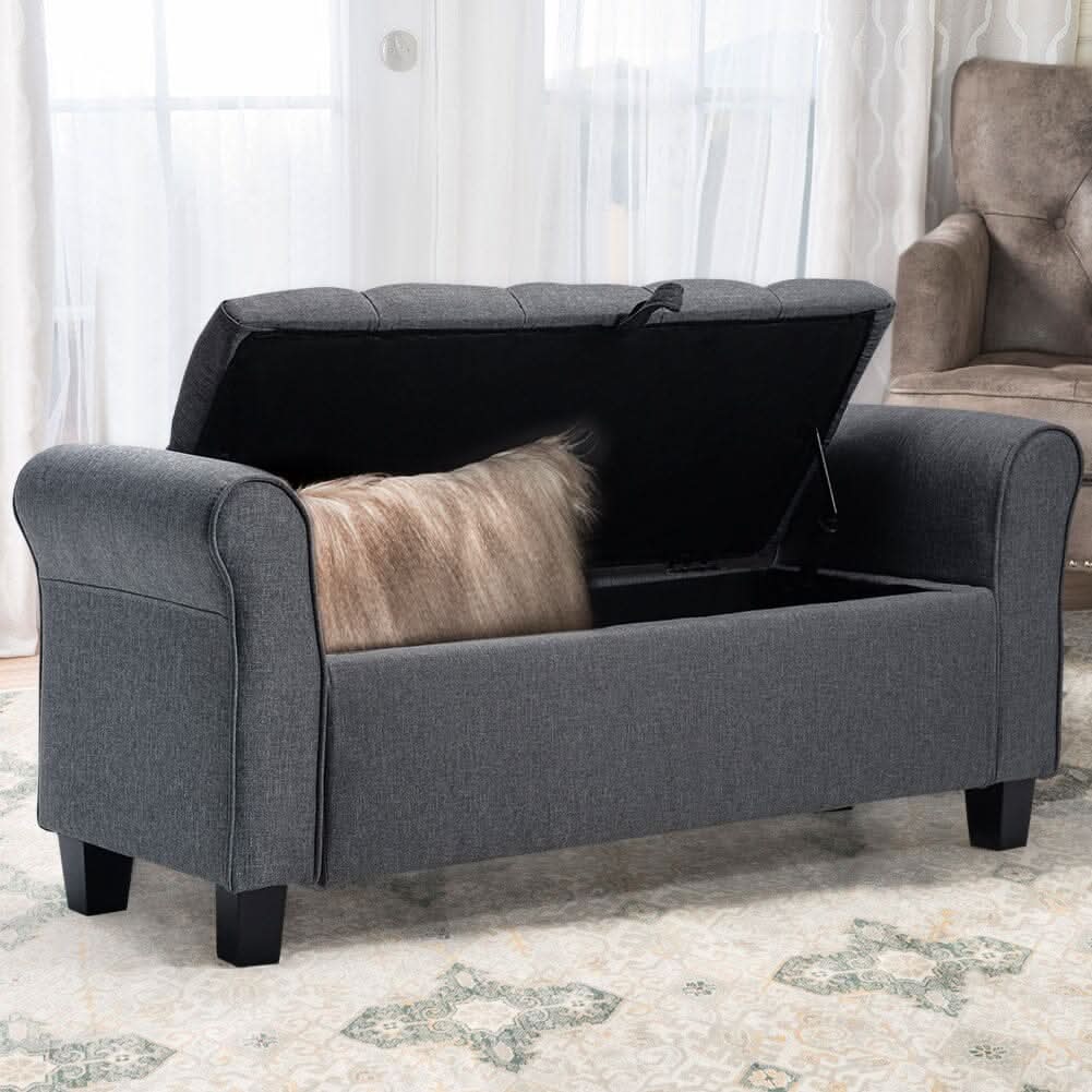 Deep Grey Linen Storage Footstool 115x40x48cm with Three-Row Tufting
