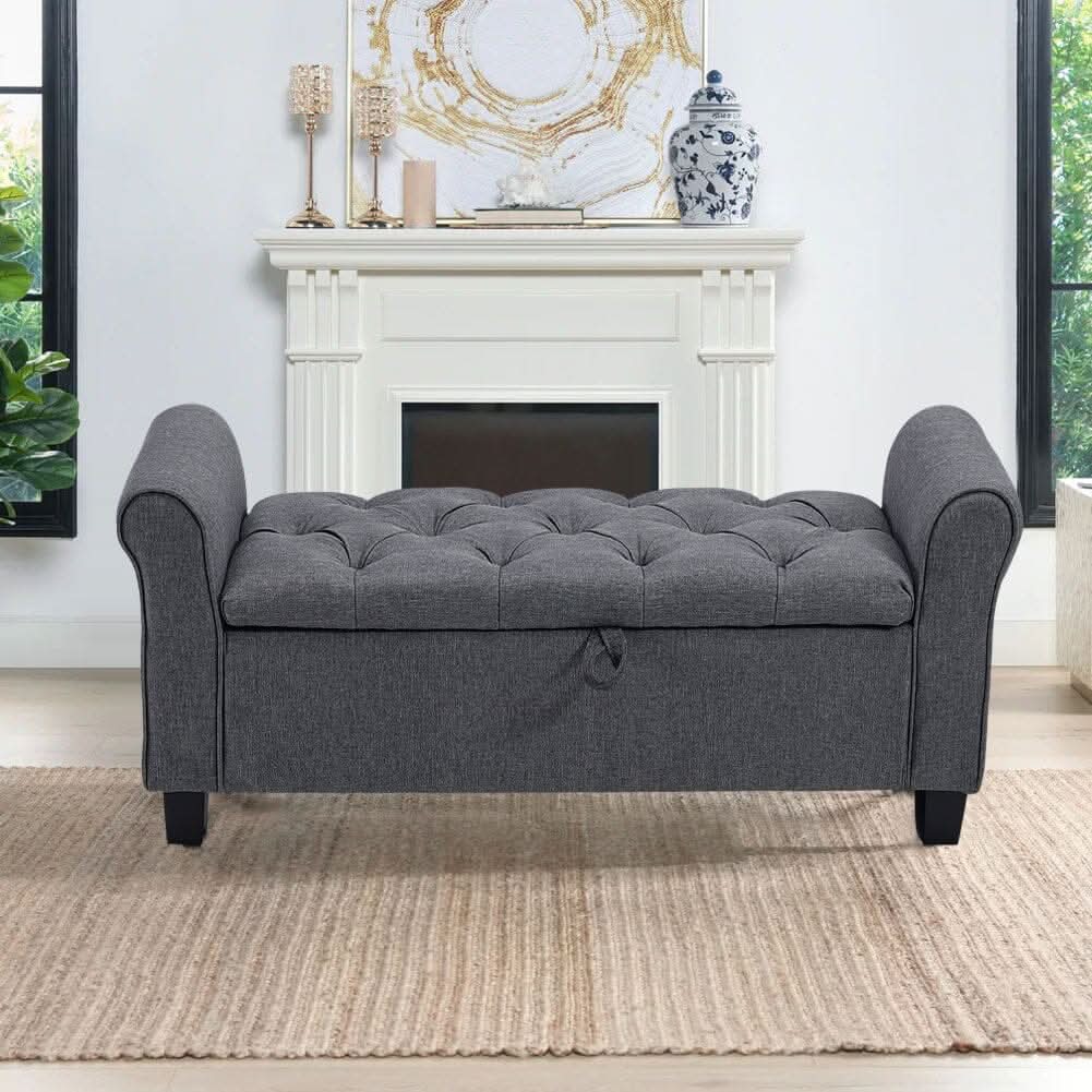 Deep Grey Linen Storage Footstool 115x40x48cm with Three-Row Tufting
